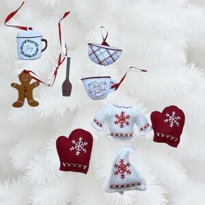 Mini Christmas Tree Ornaments set/9 Red & White NEW